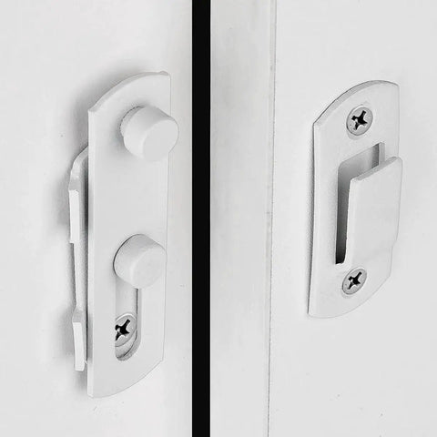 Close-up of 4 Pack Matte White Stainless Steel Barn Door Latches 2.75 Inch By 2.02 Inch Sliding Gate Lock on white door