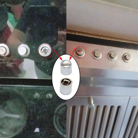 Ten Pack Range Hood Push Button Switch Caps installed on under cabinet vent hoods, showing durable plastic 10mm square button covers.