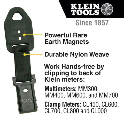 Rare Earth Magnetic Hanger With Strap for hands-free use on Klein meters, durable nylon weave, magnet detail visible.
