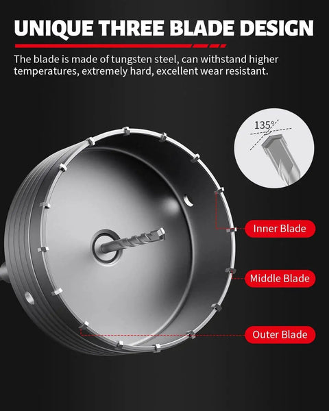 Heavy Duty Concrete Hole Saw Kit With SDS Plus Shank Adapter For Deep Drilling, 6-5/16 Inch Tungsten Carbide Tipped Masonry Core Drill Bit, three blade design close-up.