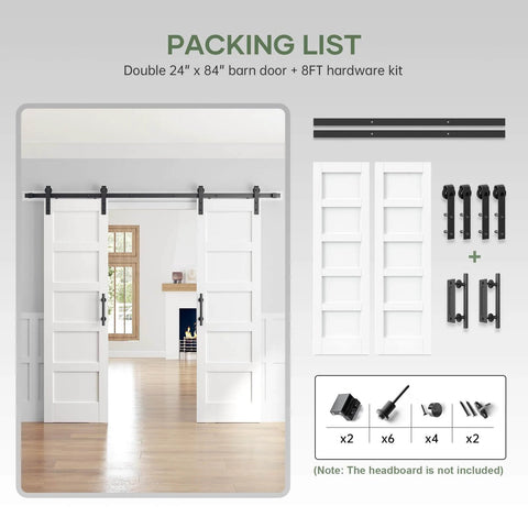 Double 24x84 Inch White Sliding Barn Door Slab With 8 Ft Hardware Kit Included, displayed with 5-panel doors and components.