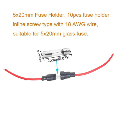 Inline Fuse Holder Kit With Ten 18 AWG Screw Type Fuse Holders And One Hundred Fifty Quick Blow 250V Fuses In Multiple Ratings From 0.1A To 15A For Auto And Electronics DIY Projects, showing single holder with red wires and glass fuse