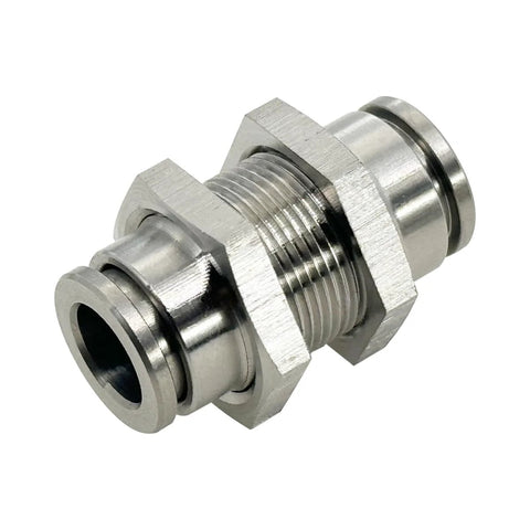 Bulkhead union push-to-connect fitting, 3/8 in tube OD, stainless steel 304, close-up view