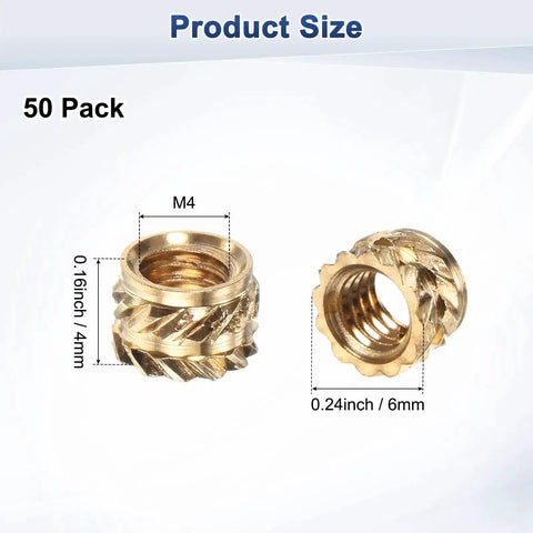 Brass Heat Set Threaded Inserts M4 X 4mm Length 6mm OD Knurled Female Metric Nuts For 3D Printing Plastic Parts Electronics DIY Projects PCBs 50 Pack, showing product size details.