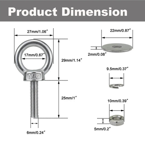 Heavy Duty M6 Stainless Steel Eye Bolt Kit With Nuts And Washers 4 Pack Ring Shoulder Eyebolts dimensions chart