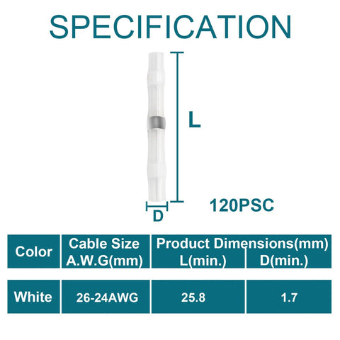 White QIATOL solder-seal wire connector, heat-shrink butt for 26-24 AWG, 25.8 mm long, 120 pcs
