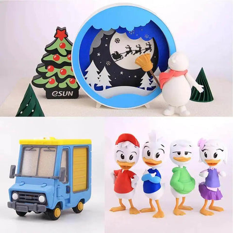 Decorative holiday scene with festive characters and a toy delivery truck.