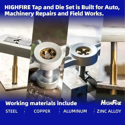 All In One 86 Piece Tap And Die Set With Titanium Coated Tools showing tool in action, multiple materials like steel and copper
