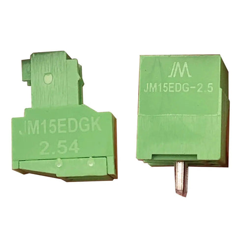 Front view of 4 Pin Screw Terminal Block Connector with 2.54mm pitch for PCB mount, green with markings, plug-in, no soldering required.