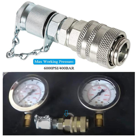 Hydraulic pressure test coupling kit with metal knurled fittings; fits Parker PD series and Caterpillar and Case excavators (Amazon).
