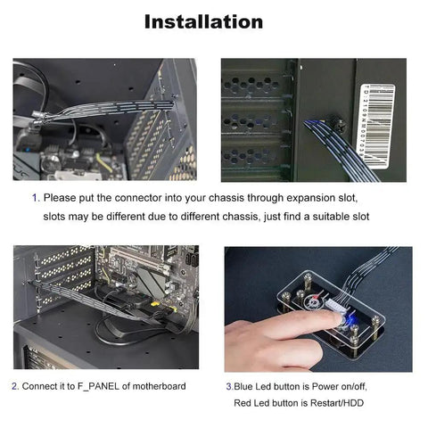 Installation steps for External Desktop PC Power Button Switch For Case Panel On Off Button Replacement shown on motherboard.