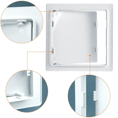 White plastic drywall access panel, 10x10 inch removable wall door for plumbing and HVAC systems