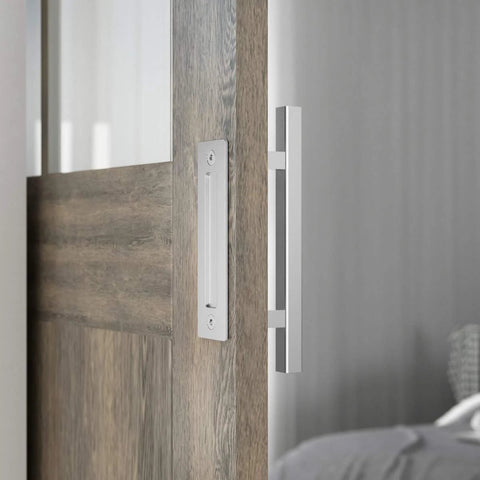 Heavy Duty 12 Inch Barn Door Handle Set With Flush Pull And Finger Pull, Solid Stainless Steel, Two Sided Square Silver Finish