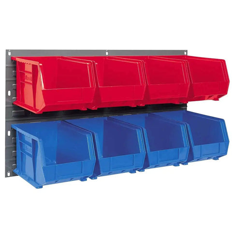Heavy Duty Wall Mount Garage Storage Steel Louvered Panel For AkroBins Wall Storage Bins Hanging Organizer System 36 Inch Wide By 19 Inch High Gray Single with red and blue bins attached, showcasing capacity and organization.