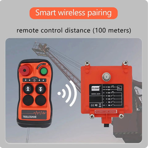 Q200 wireless crane remote kit: orange handheld transmitter with two arrow buttons and green start, plus orange receiver unit.