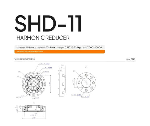 Technical drawing of SHD11 Small Hollow Servo Motor Speed Reducer with 52mm gearbox, showing dimensions and specifications.