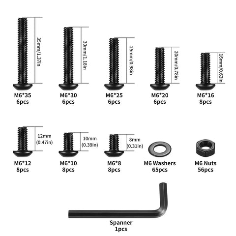 Heavy Duty 178 Piece M6 Screws And Nuts Set With Hex Socket Button Head Cap Screws Metric Bolts Nuts And Spanner Included Durable Carbon Steel Hardware Kit For Home Garage And DIY Projects showing sizes and quantities.