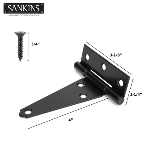 Heavy Duty 4 Inch T Strap Shed Door Hinges Black Powder Coated Outdoor Gate Hinges with dimensions and screw