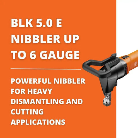 Close-up of BLK 5.0 E Corded Metal Nibbler For Pros Cuts Up To 6 Gauge On Sheets Profiles Trapezoid And Corrugated Metal