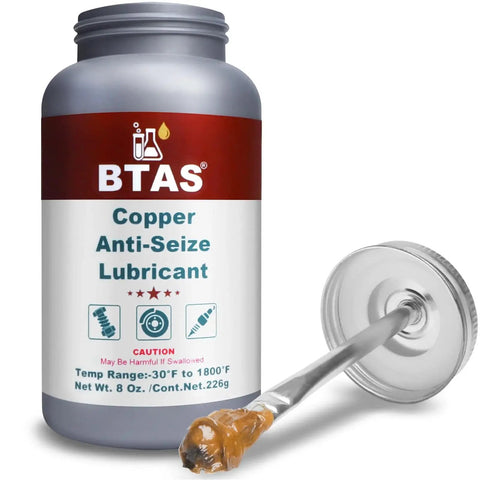 Copper Anti Seize Grease Lubricant For High Temp Spark Plug Bolts 8 Oz container with grease on applicator stick.