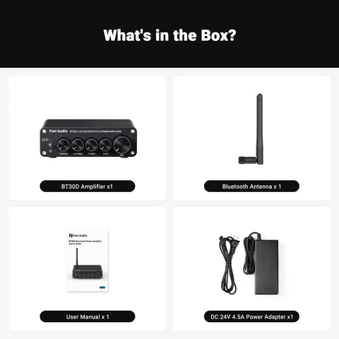 BT30D Bluetooth 5.0 2.1 Channel Stereo Receiver Amplifier box contents including amplifier, antenna, user manual, and power adapter.
