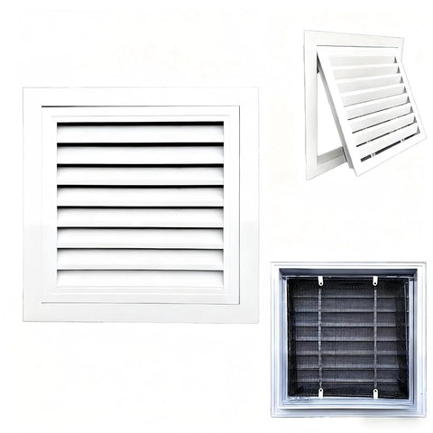 Access panel 8x8 inch, white aluminum vent door with horizontal louvers.
Angled view of white aluminum access panel 8x8 inch with louvers.
Installed white aluminum access panel 8x8 inch in wall opening.