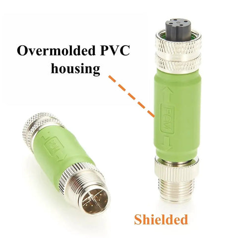 M12 X Code Male To M12 D Code Female Shielded Ethernet Adapter Cat5e 100Mbps, green PVC housing, rugged industrial grade, IP67