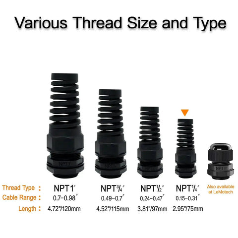 Various sizes of 10 Pack NPT One Quarter Inch IP68 Waterproof Cable Glands With Flexible Spiral Strain Relief For Four To Eight Millimeter Wires