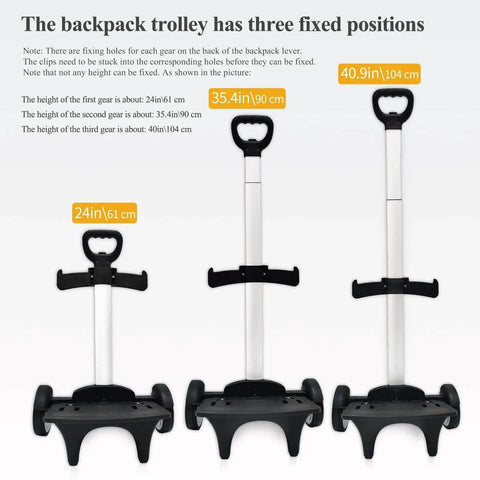 Wheeled Backpack Trolley With Noiseless Large Wheels showing adjustable heights at 24in, 35.4in, and 40.9in