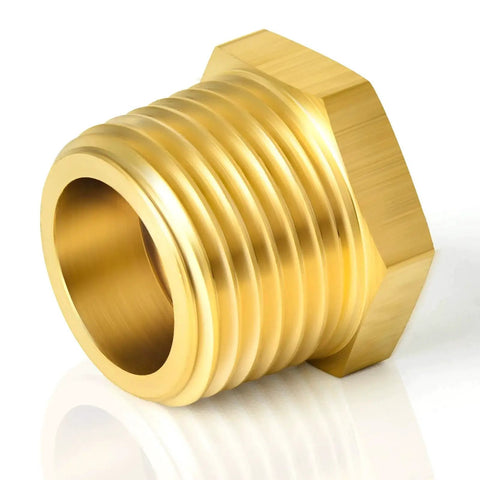 Brass Reducer Hex Bushing Pipe Fitting One Inch NPT Male To Three Quarter Inch NPT Female Adapter 2 Pack, side view.