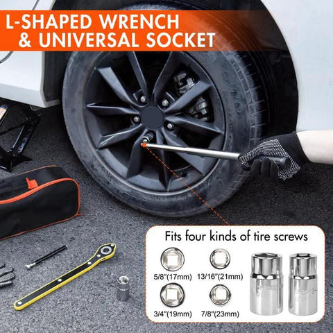 Scissor car jack 2-ton kit with L-shaped wrench and universal socket, shown with tire and tool bag