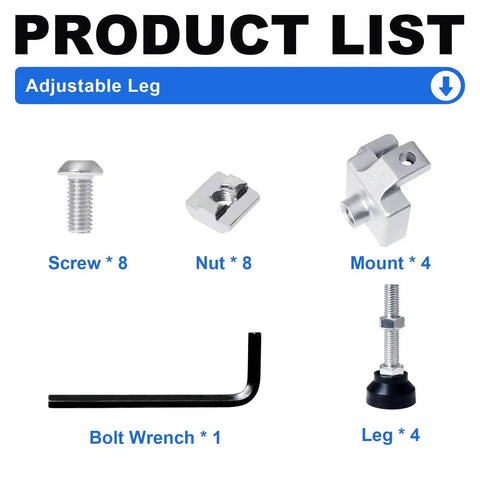 Adjustable Leg Feet for 4040 Aluminum Extrusion T Slot and V Slot Rails product list with screws, nuts, mounts, wrench, and adjustable feet.