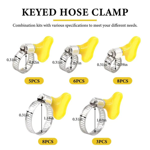 Adjustable 30-Piece Stainless Steel Hose Clamps Set with yellow plastic handle for automotive and plumbing.