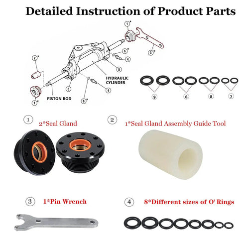 Front Mount Hydraulic Steering Cylinder Seal Kit For SeaStar Pivot And Front Mount Cylinders On Outboard Motors Replacement Seals For HC5340 HC5341 C5348 HC5358 HC5365 HC5375 HC6755 with seal gland, assembly guide, pin wrench, and O-rings.