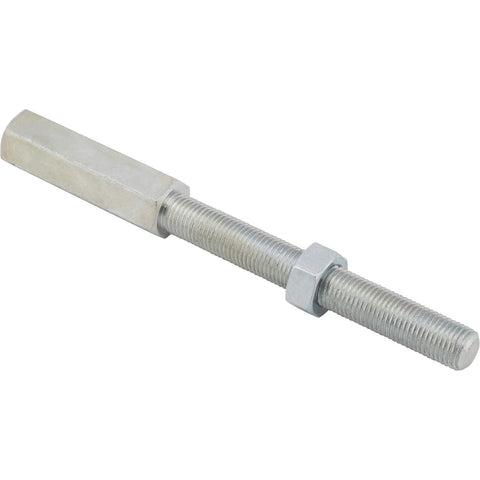 Bolt On Master Cylinder Clevis And Pushrod Kit Three Eighths Inch Fine Thread Clevis With Four Point Seven Five Inches Pushrod Length And Two Inches Clevis Includes Pin And Cotter Key For Brake Pedal Connection, showing metal pushrod and clevis assembly.