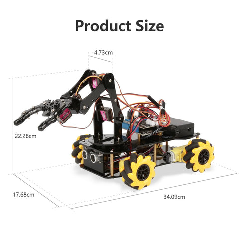 ACEBOTT robot arm expansion pack smart car starter kit by Amazon; black chassis with yellow wheels and exposed wiring.