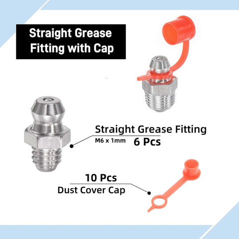 Straight grease fittings with caps, 6 pcs, 304 stainless steel, M6 x 1mm thread, includes 10 dust cover caps.