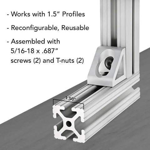 Two Hole Aluminum Inside Corner Gusset L Bracket For 80 To 20 15 Series Extrusion Compatible With T Slot Aluminum Framing Heavy Duty Angle Support Clear Anodized Finish attached to 1.5 inch profile