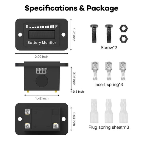 BM210 battery monitor gauge, black plastic; front view with mounting holes, screws, nuts, terminals, springs, sleeves.