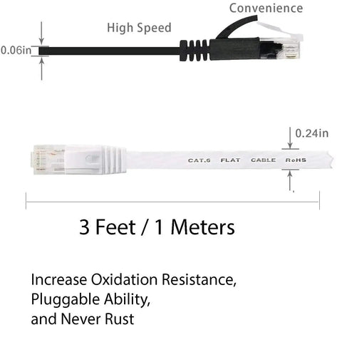 Flat Cat6 Ethernet Cable 3Ft 2 Pack Ultra Fast 10Gbps Ready Patch Cord With RJ45 Connectors, black and white cables
