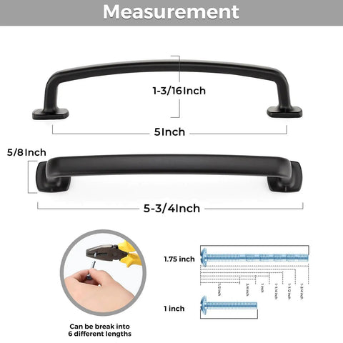 Black 5 Inch Arch Cabinet Pulls Set Of 30 For Kitchen Cabinets And Dresser Drawers, Solid Zinc Alloy Drawer Handles measurements