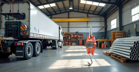 Orange Beefy Industrial Digital Scale 300 Kg 600 Lb SF-918 Heavy Duty Crane Scale hanging in a warehouse setting with a truck