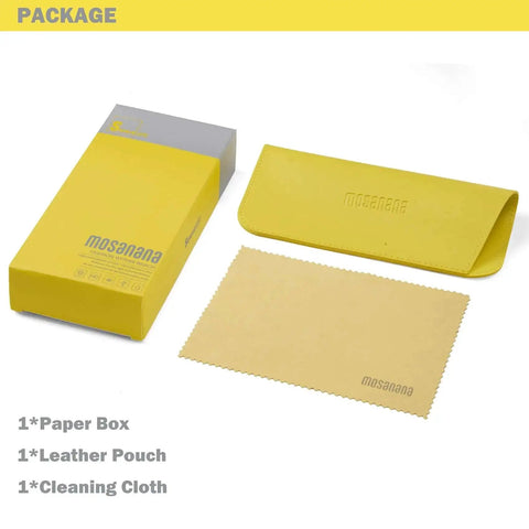 Packaging for Trendy Rectangle Sunglasses For Women And Men In Green Dark Vintage Retro Style 90s Inspired Cool Funky Small Chunky Frames With UV400 Protection And Avant Garde Design, includes paper box, leather pouch, and cleaning cloth