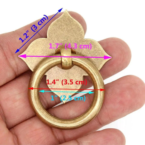 Set Of 4 Vintage Antique Bronze Ring Pulls In Pure Solid Brass Four Leaf Clover Base Retro Cabinet Hardware, shown in hand