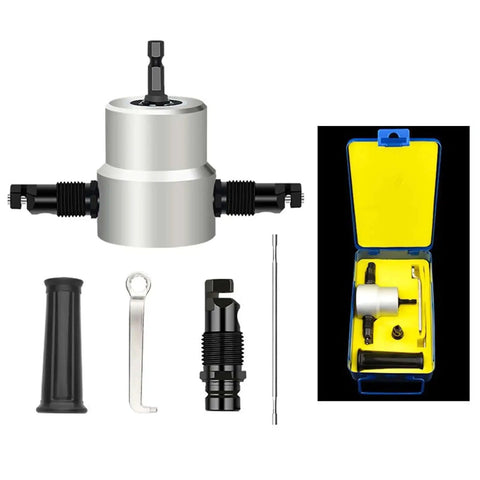 Double Head Sheet Nibbler Saw Cutter Drill Attachment for Metal Cutting 360 Degree Rotating Tool with Two Adjustable Heads
