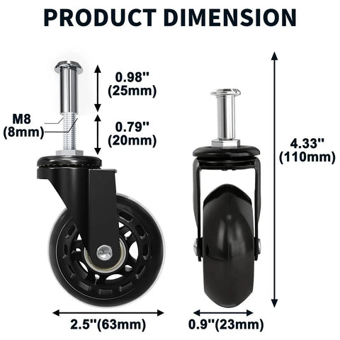 Set Of 6 Heavy-Duty 2.5 Inch Caster Wheels With Rubber Tires, 360 Degree Swivel, Quiet Rolling, replacement dimensions