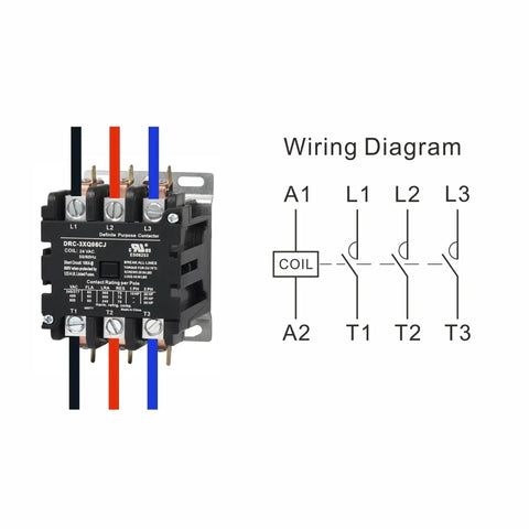 Wiring diagram and side view of Beefy 60 Amp 3 Pole 120V Contactor For HVAC Setups With A2L Compliance And UL Recognized Status.
