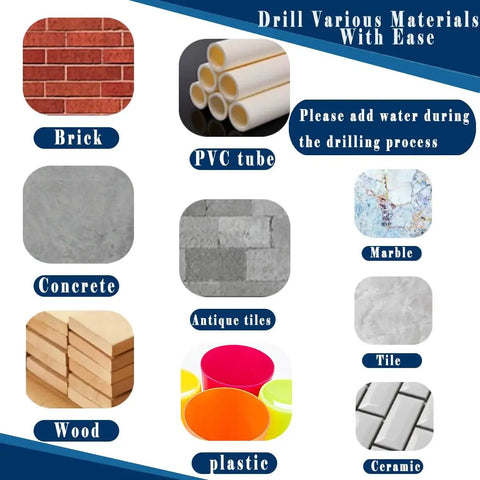 Various materials including brick, PVC, concrete, marble, wood, plastic, tile, and ceramic for 10 Piece Red One Quarter Inch Serrated Eccentric Masonry Drill Bit Set Pro Grade For Concrete Tile Brick Glass Plastic Marble And Wood Includes 6mm Bits And Precision Crisscross Serrated Tip For Skid Free Drilling.