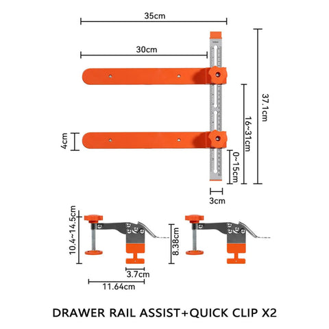 Toggle Clamp And Magnetic Arm Drawer Slide Jig with dual-scale construction, shown disassembled with measurements and clips.
