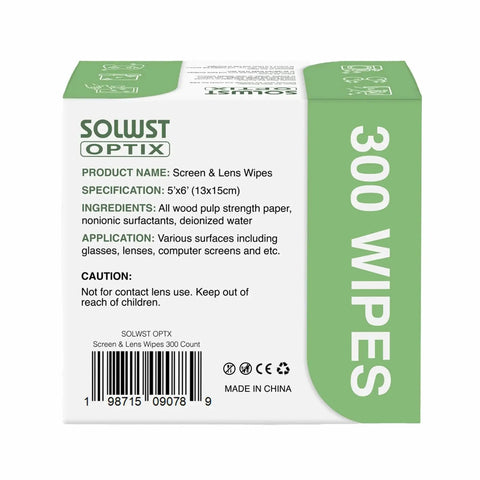 Optix Lens Cleaning Wipes, 300 Pre Moistened, For Glasses, Cameras, Phones packaging with product details and specifications.